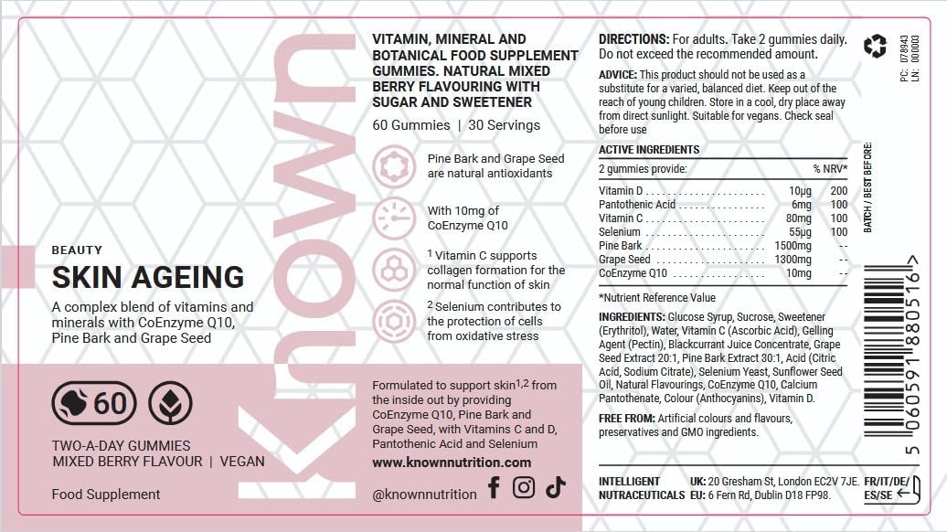 Bonbons délicieux anti-âge pour la peau – Vitamine C, sélénium – Soutient la peau, antioxydant – Saveur fruits rouges – 60 gummies véganes, 1 mois