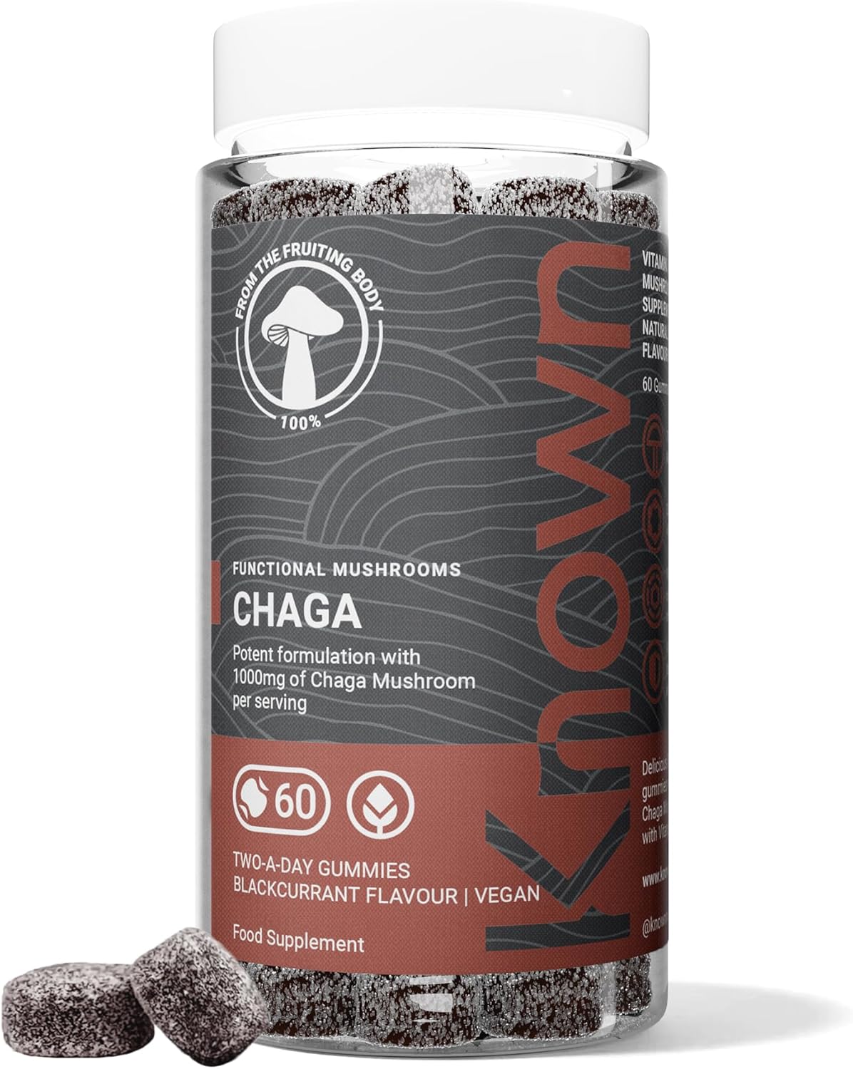 Bonbons délicieux au Chaga – 1000mg de champignon Chaga, vitamines D, E – Soutien immunitaire – Saveur cassis – 60 gummies véganes, 1 mois