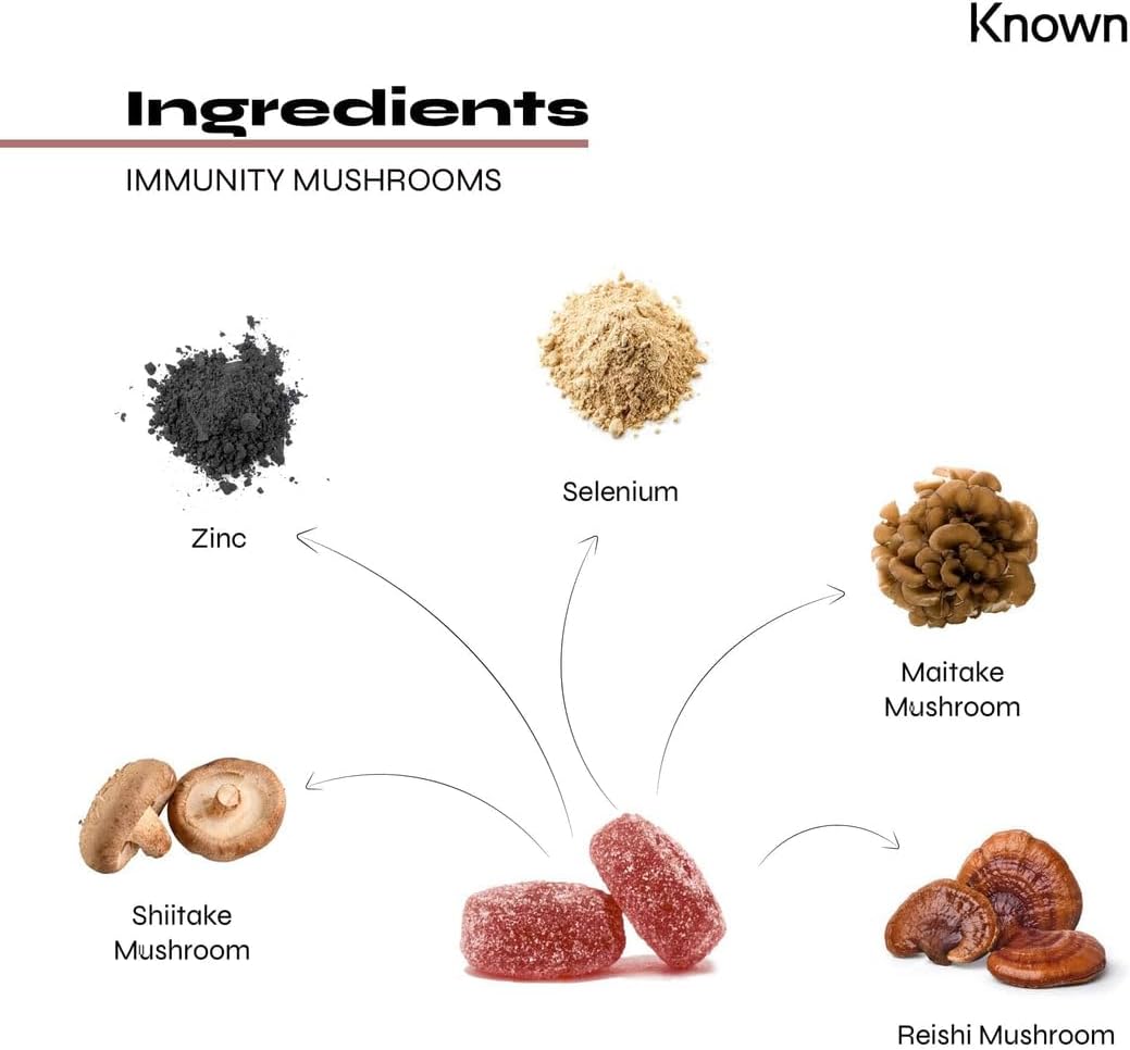 Bonbons immunitaires aux champignons – Reishi, Maitake, vitamine C, zinc & sélénium – Saveur grenade – 60 gummies véganes, 1 mois