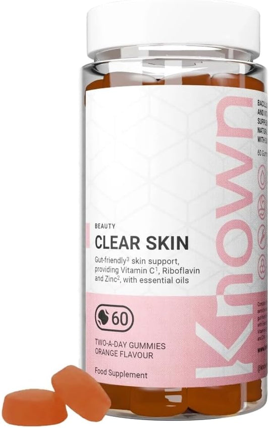 Bonbons Clear Skin savoureux – Avec vitamine C, zinc et bactéries bénéfiques pour l'intestin – Soutien de la peau – Saveur orange – 60 gummies, 1 mois