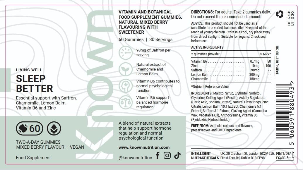 Gummies Délicieux Sommeil Réparateur Known – Sans Sucre, Safran, Mélisse, Camomille & B6 – Saveur Fruits Rouges – 60 Gummies Vegan, 1 Mois