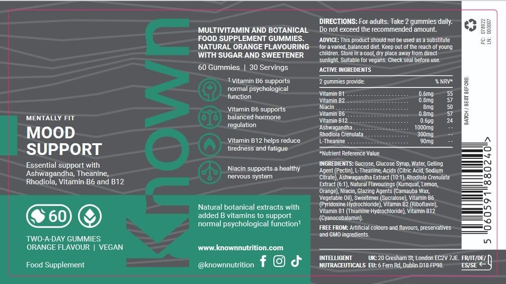 Gommes de Soutien de l'Humeur par Known | Ashwagandha, Théanine & Rhodiola | 60 Gommes Deux par Jour (Approvisionnement d'un Mois) | Soulagement de l'Anxiété, du Stress et de la Fatigue Mentale
