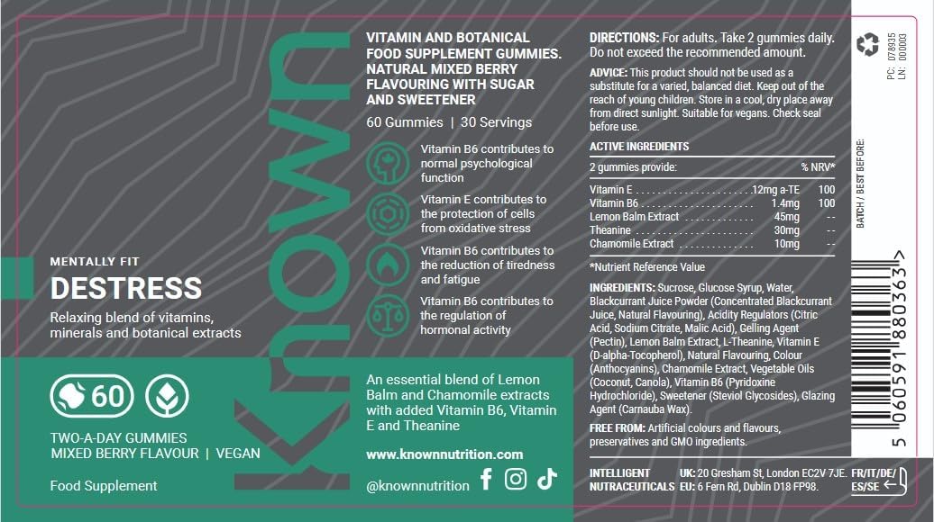 Known Tasty Destress Gummies – Camomille, Vitamines B – Saveur Naturelle de Fruits Rouges Mélangés – 60 Gummies Véganes, 1 Mois d'Approvisionnement
