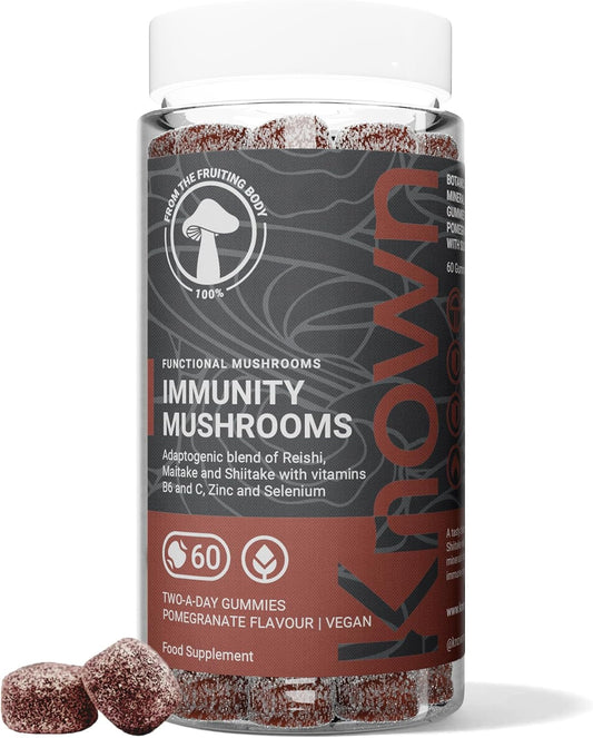 Bonbons immunitaires aux champignons – Reishi, Maitake, vitamine C, zinc & sélénium – Saveur grenade – 60 gummies véganes, 1 mois