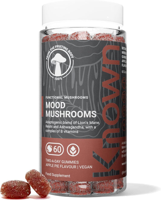 Bonbons Mood Mushrooms – Lion’s Mane, vitamines B – Santé cérébrale & équilibre hormonal – Saveur tarte aux pommes – 60 gummies véganes, 1 mois