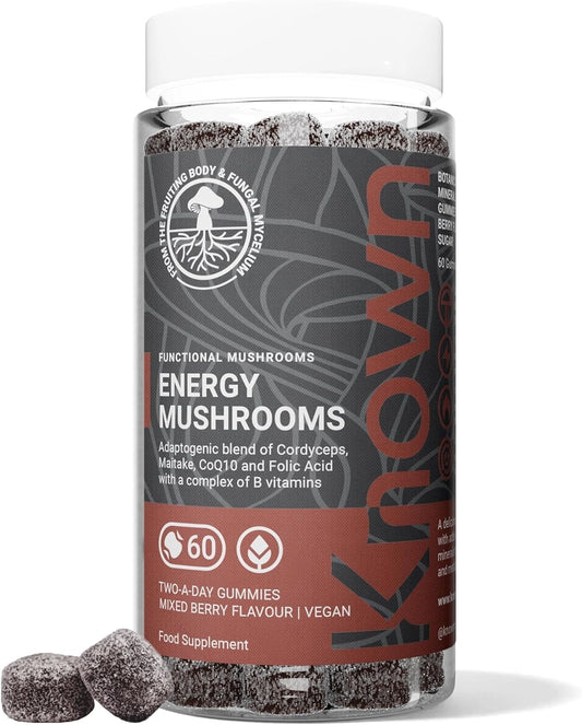 Bonbons énergétiques aux champignons – Vitamines B & Cordyceps – Énergie & Fatigue – Saveur fruits rouges – 60 gummies véganes, 1 mois