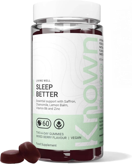 Gummies Délicieux Sommeil Réparateur Known – Sans Sucre, Safran, Mélisse, Camomille & B6 – Saveur Fruits Rouges – 60 Gummies Vegan, 1 Mois