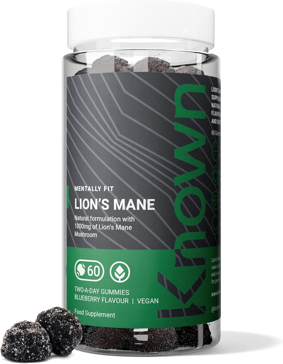 Gommes de Champignons Crinière de Lion 1000mg par Known | Complément Nootropique pour la Cognition, l'Humeur, l'Immunité & l'Inflammation | Saveur Délicieuse de Myrtille | 60 Gommes Véganes Deux Par J