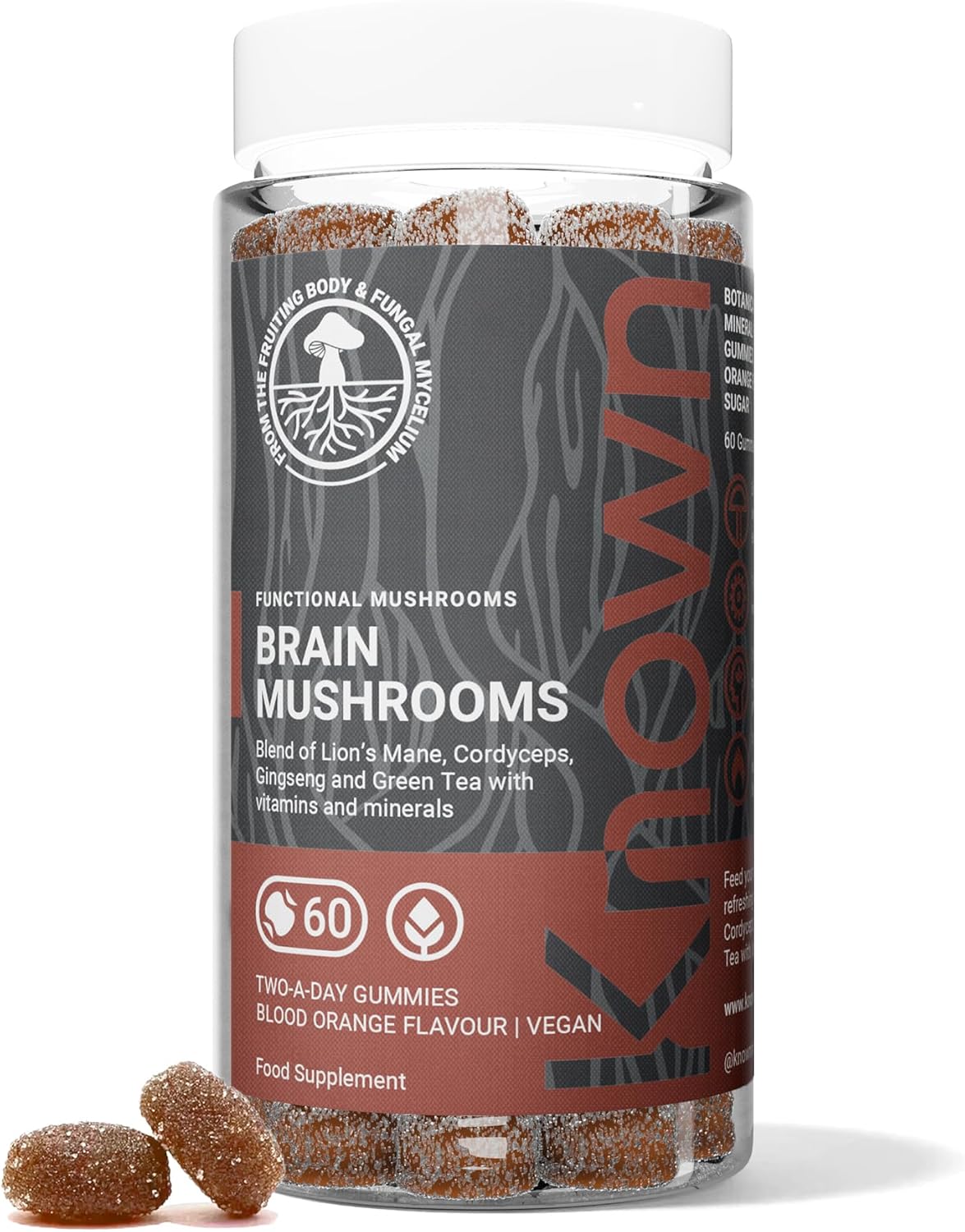 Gommes de Champignons Complément pour le Cerveau par Known Nutrition | Soutien Cérébral avec Cordyceps et Crinière de Lion | Saveur Naturelle Délicieuse d'Orange Sanguine | 60 Gommes Véganes Deux Par