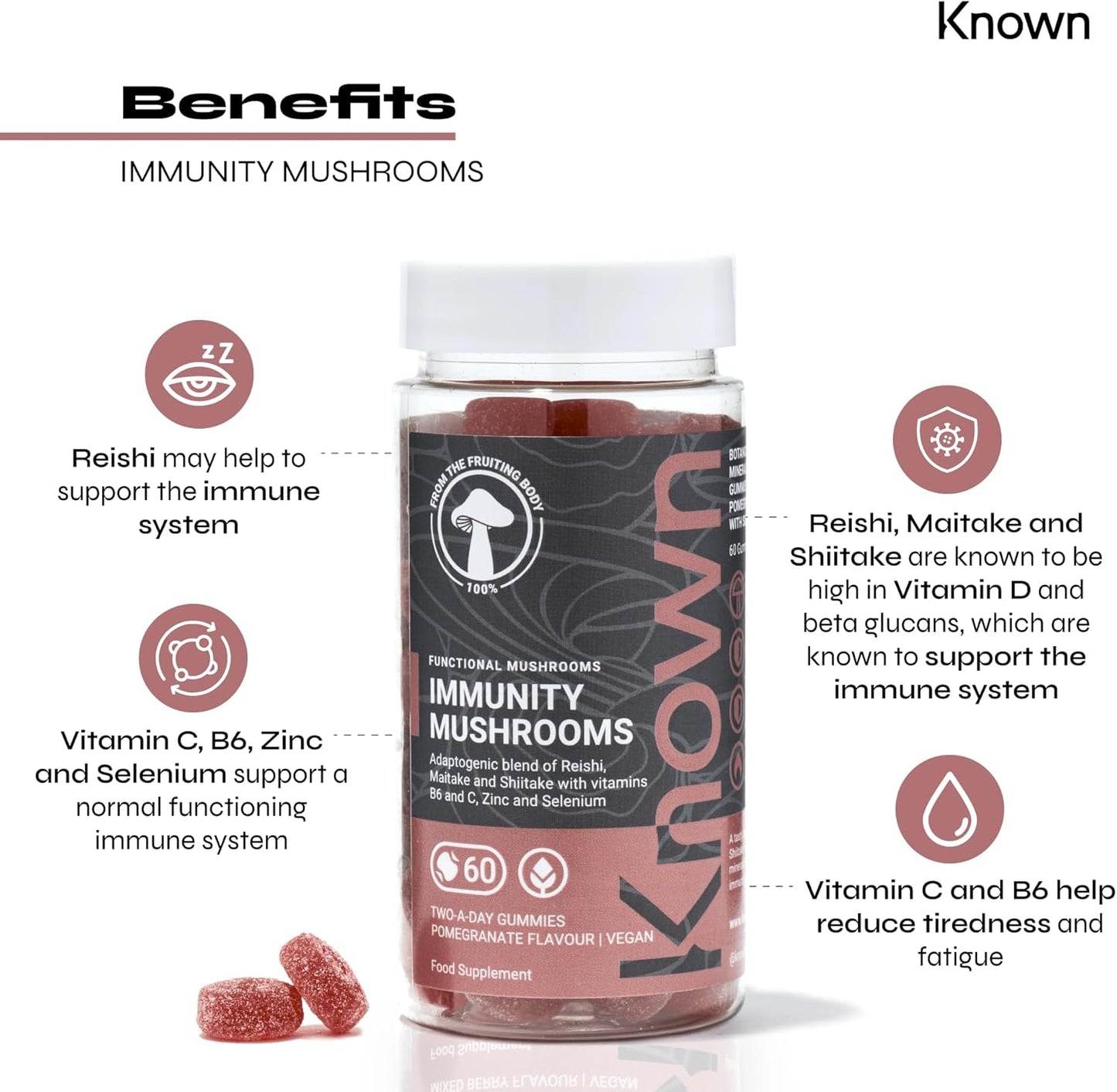 Bonbons immunitaires aux champignons – Reishi, Maitake, vitamine C, zinc & sélénium – Saveur grenade – 60 gummies véganes, 1 mois