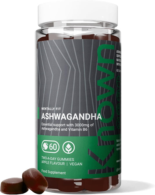Gommes Ashwagandha 3000MG Haute Puissance de Known Nutrition avec Vitamine B6 | 60 Gommes Deux par Jour | Extrait Botanique Naturel | pour la Réduction Naturelle du Stress | Saveur Pomme