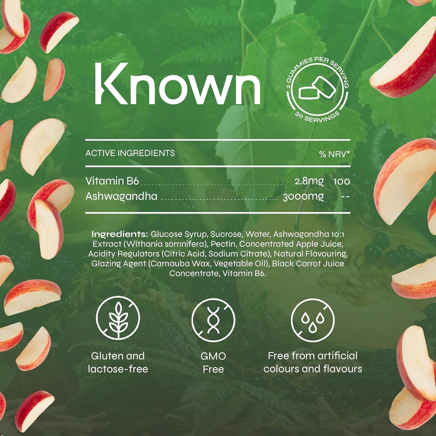 Gommes Ashwagandha 3000MG Haute Puissance de Known Nutrition avec Vitamine B6 | 60 Gommes Deux par Jour | Extrait Botanique Naturel | pour la Réduction Naturelle du Stress | Saveur Pomme