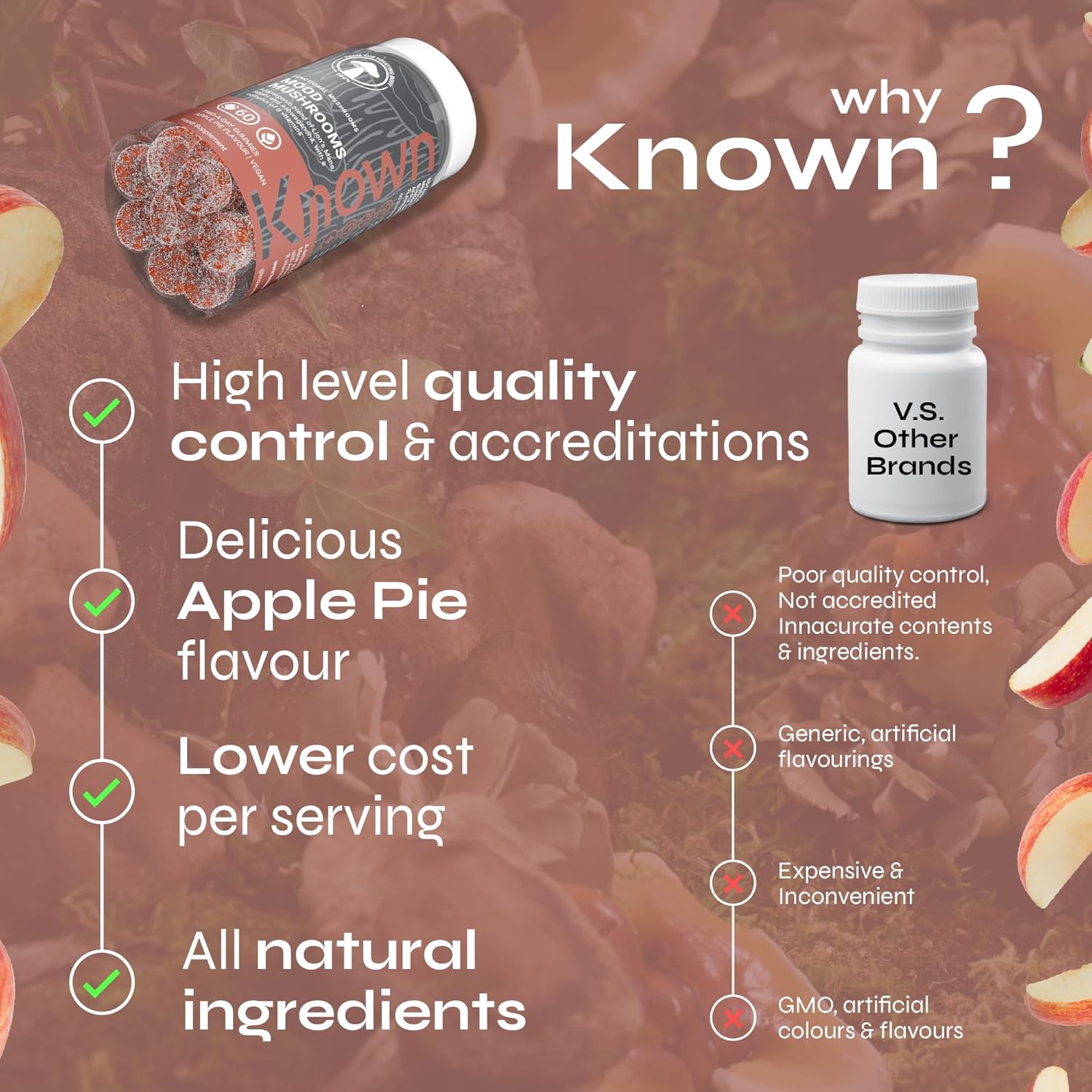 Bonbons Mood Mushrooms – Lion’s Mane, vitamines B – Santé cérébrale & équilibre hormonal – Saveur tarte aux pommes – 60 gummies véganes, 1 mois