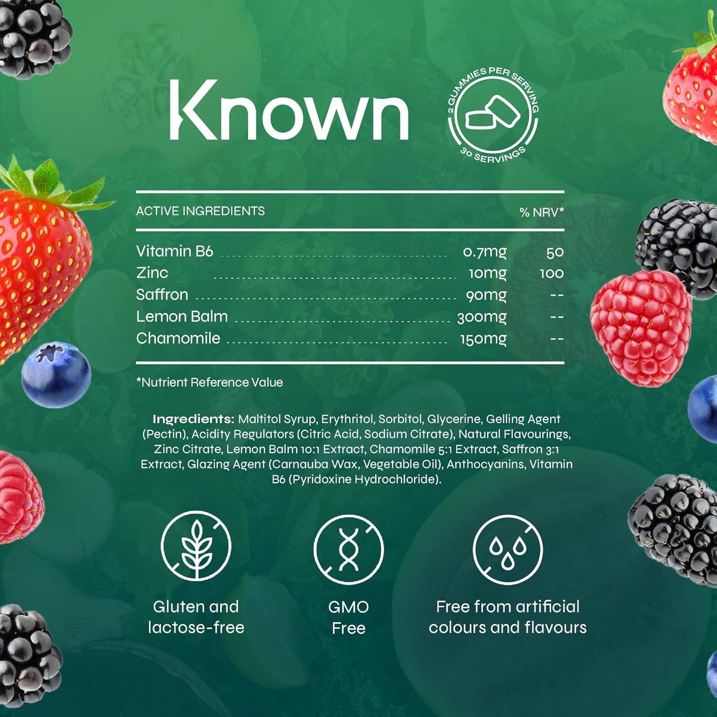 Gummies Délicieux Sommeil Réparateur Known – Sans Sucre, Safran, Mélisse, Camomille & B6 – Saveur Fruits Rouges – 60 Gummies Vegan, 1 Mois