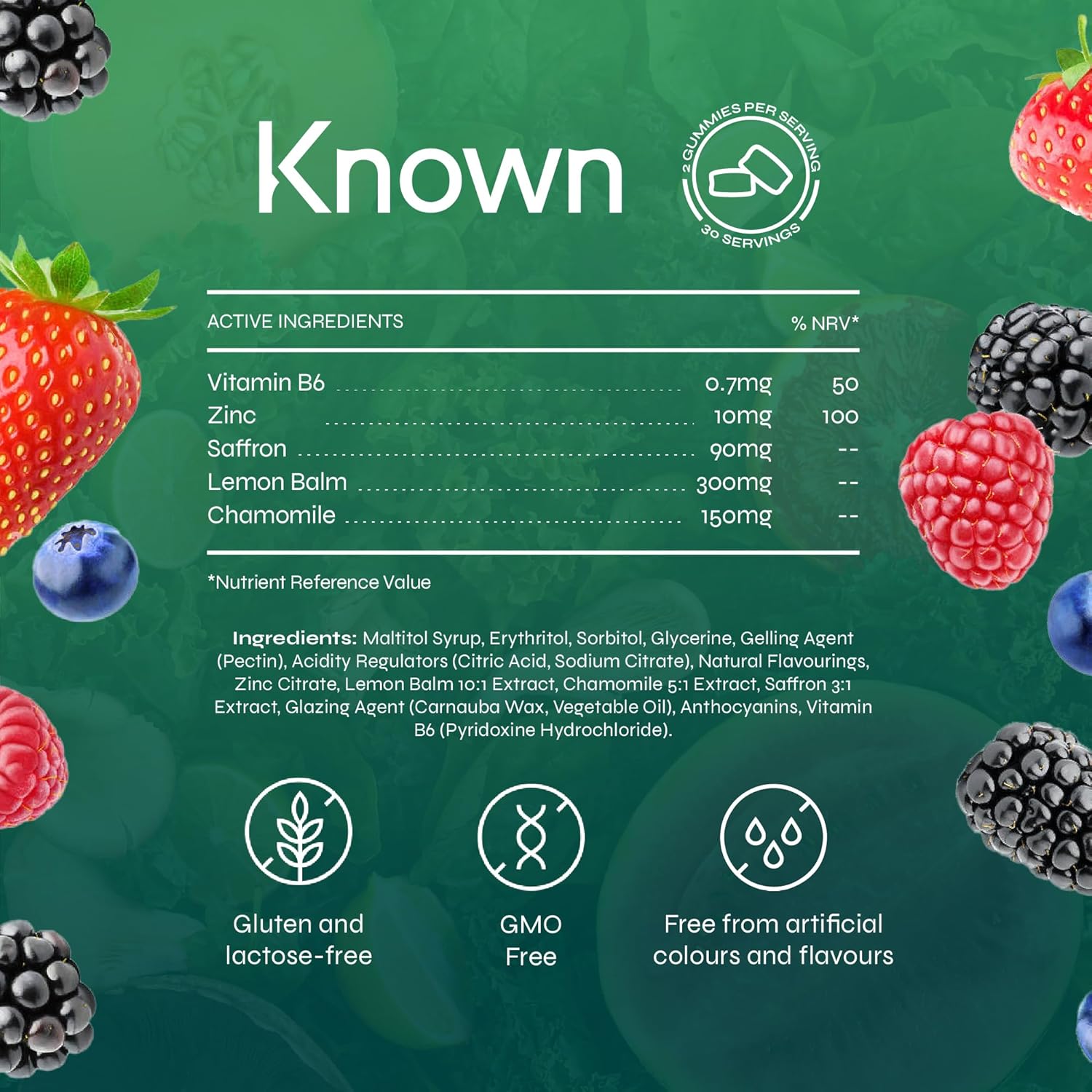 Gummies Délicieux Sommeil Réparateur Known – Sans Sucre, Safran, Mélisse, Camomille & B6 – Saveur Fruits Rouges – 60 Gummies Vegan, 1 Mois
