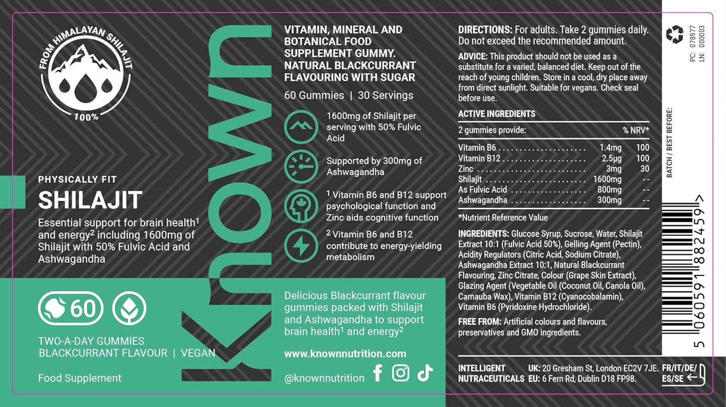 Known Tasty 1600mg Shilajit Gummies – B12 – Énergie & Métabolisme – Saveur Naturelle de Cassis – 60 Gummies Véganes, 1 Mois d'Approvisionnement