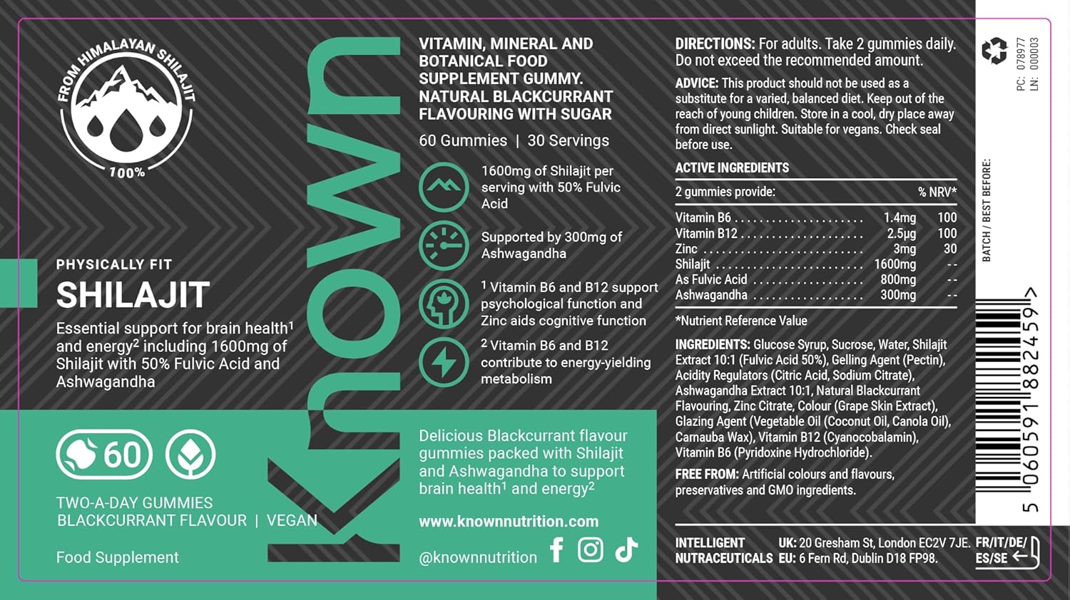 Known Tasty 1600mg Shilajit Gummies – B12 – Énergie & Métabolisme – Saveur Naturelle de Cassis – 60 Gummies Véganes, 1 Mois d'Approvisionnement
