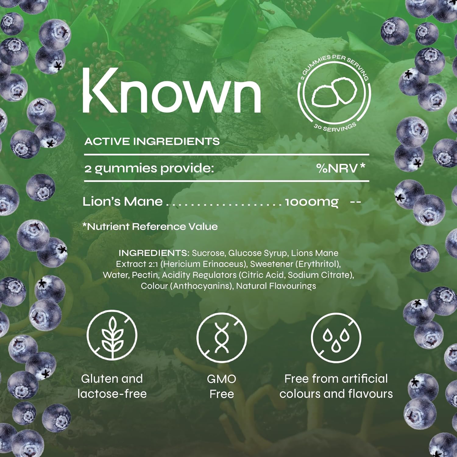 Gommes de Champignons Crinière de Lion 1000mg par Known | Complément Nootropique pour la Cognition, l'Humeur, l'Immunité & l'Inflammation | Saveur Délicieuse de Myrtille | 60 Gommes Véganes Deux Par J