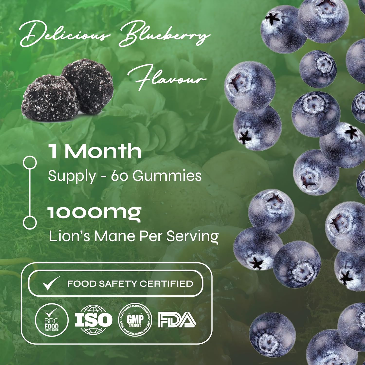 Gommes de Champignons Crinière de Lion 1000mg par Known | Complément Nootropique pour la Cognition, l'Humeur, l'Immunité & l'Inflammation | Saveur Délicieuse de Myrtille | 60 Gommes Véganes Deux Par J