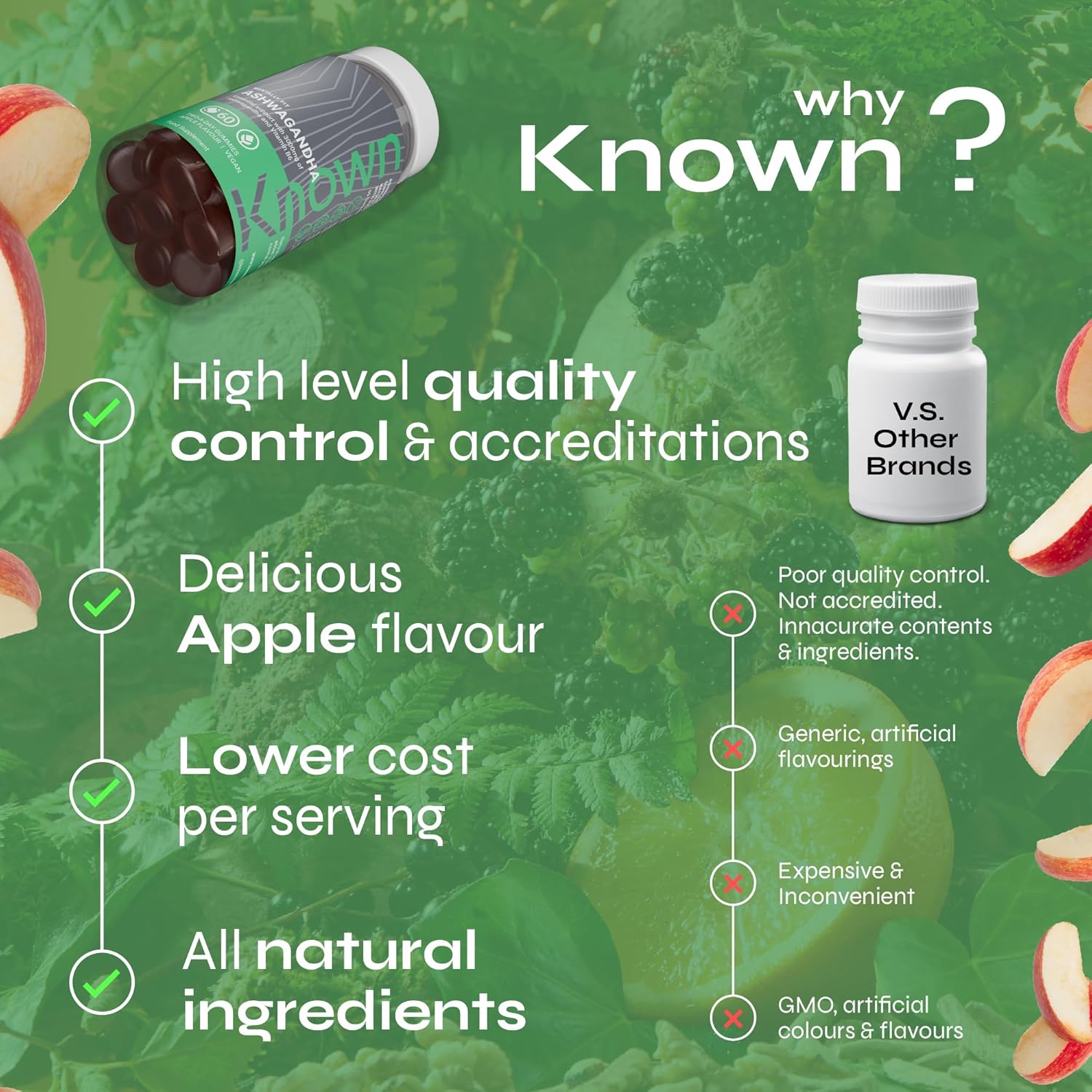 Gommes Ashwagandha 3000MG Haute Puissance de Known Nutrition avec Vitamine B6 | 60 Gommes Deux par Jour | Extrait Botanique Naturel | pour la Réduction Naturelle du Stress | Saveur Pomme