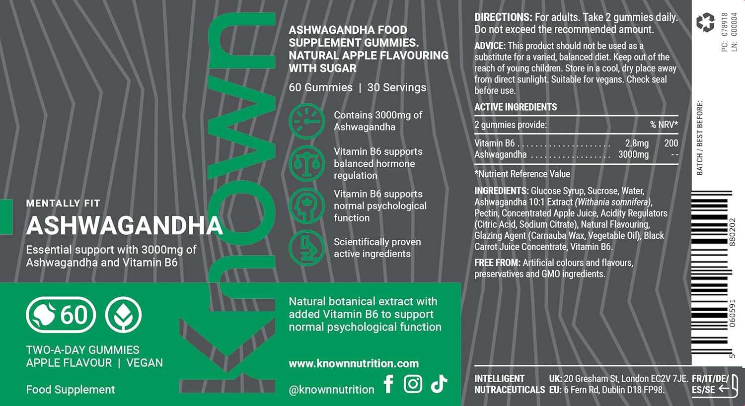 Gommes Ashwagandha 3000MG Haute Puissance de Known Nutrition avec Vitamine B6 | 60 Gommes Deux par Jour | Extrait Botanique Naturel | pour la Réduction Naturelle du Stress | Saveur Pomme
