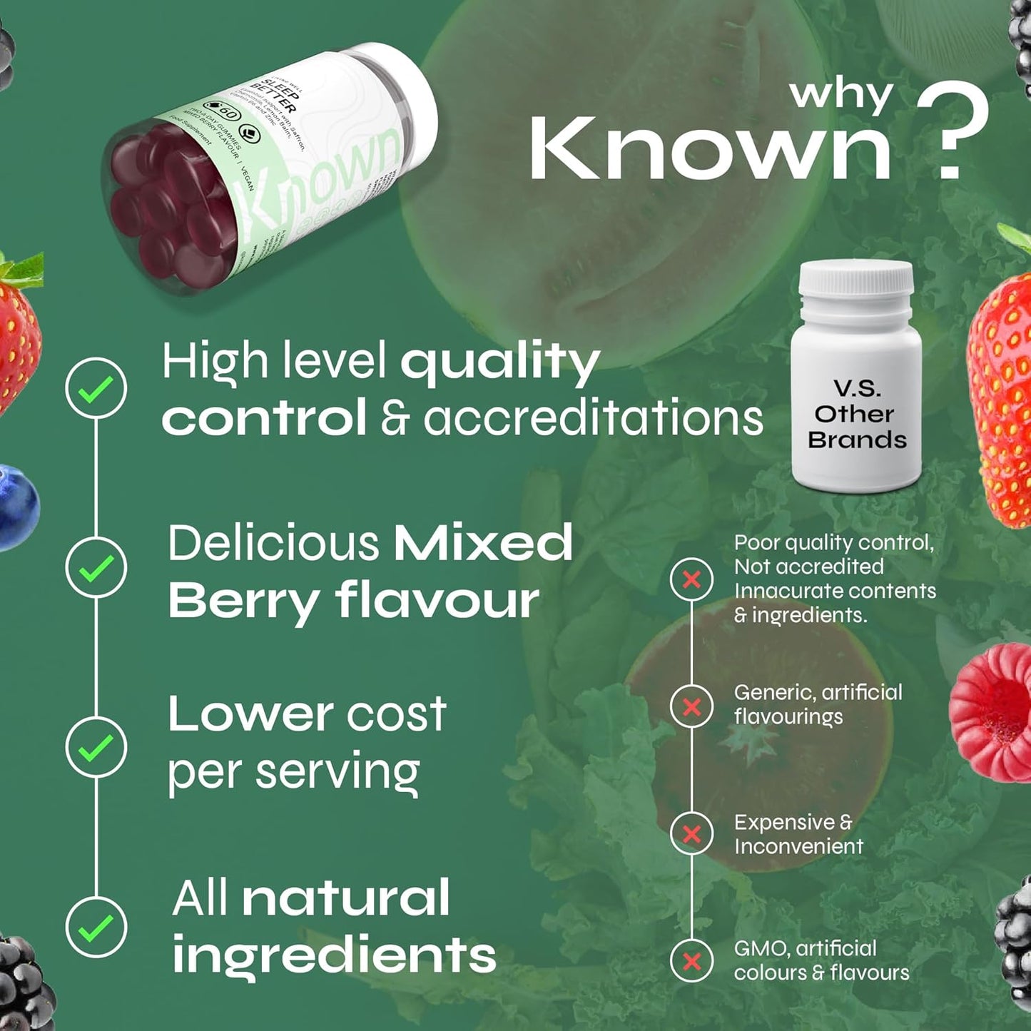 Gummies Délicieux Sommeil Réparateur Known – Sans Sucre, Safran, Mélisse, Camomille & B6 – Saveur Fruits Rouges – 60 Gummies Vegan, 1 Mois